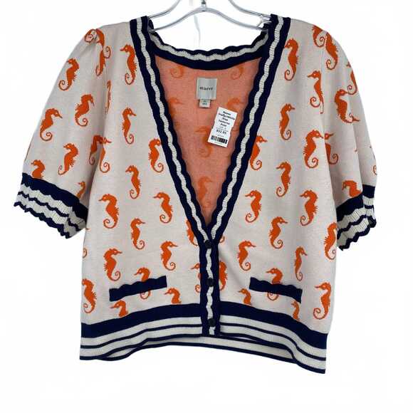 Maeve Sweaters - Maeve Orange/White/Blue Seahorse Print Cardigan | Women’s XL